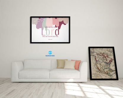 Those who seek the Lord shall not lack any good thing, Psalm 34:10 Bible Verse Scripture Framed Art