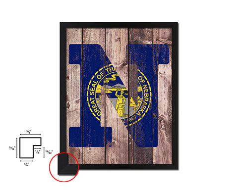 Nebraska State Initial Flag Wood Framed Paper Print Decor Wall Art Gifts, Wood