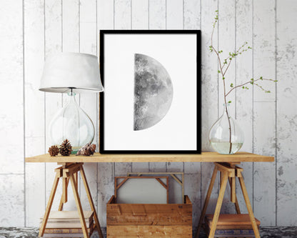 Waxing First Quarter Lunar Phases Moon Watercolor Nursery Framed Prints Home Decor Wall Art Gifts