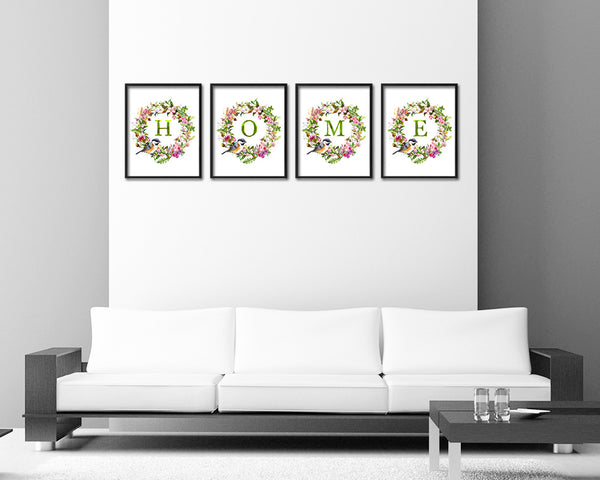 Letter E Floral Wreath Monogram Framed Print Wall Art Decor Gifts