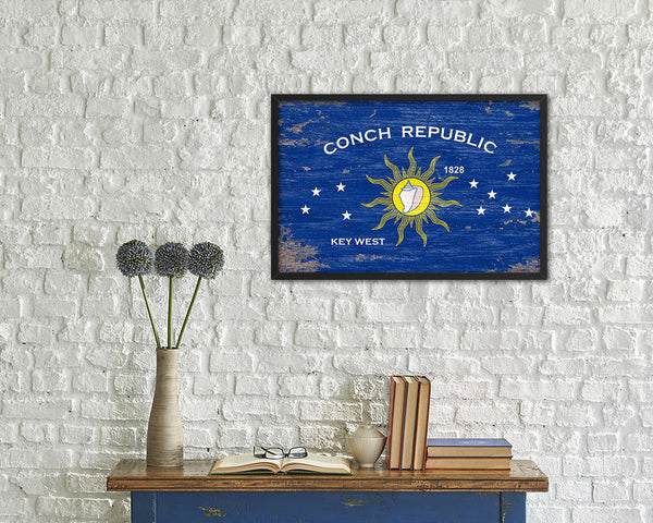 Conch Republic Key West City Florida State Shabby Chic Flag Framed Prints Decor Wall Art Gifts
