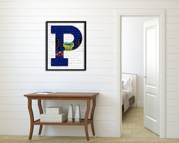 Pennsylvania State Initial Flag Wood Framed Paper Print Decor Wall Art Gifts, Brick