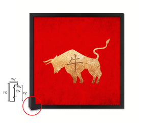 Ox Chinese Zodiac Character Wood Framed Print Wall Art Decor Gifts, Red