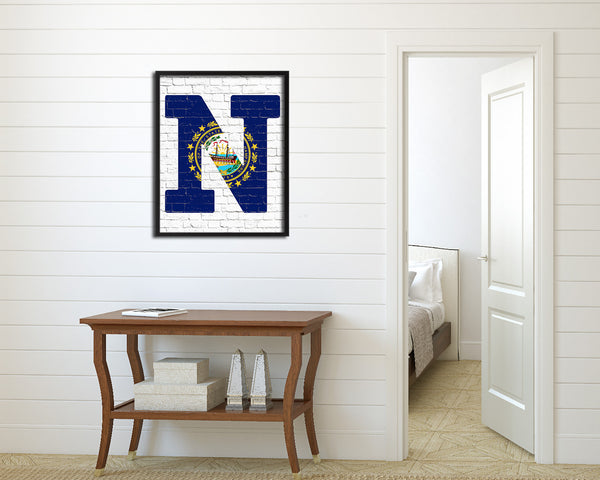 New Hampshire State Initial Flag Wood Framed Paper Print Decor Wall Art Gifts, Brick