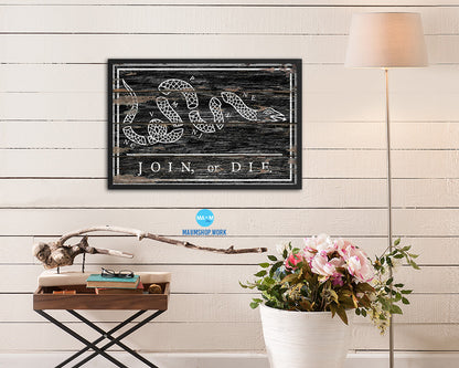 US Join or Die Snake Colonial Revolutionary War Wood Rustic Flag Framed Print Art
