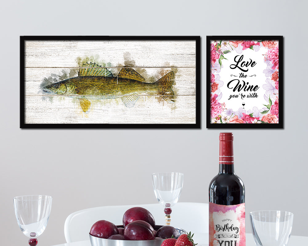 Walleye Fish Art Wood Framed White Wash Restaurant Sushi Wall Decor Gifts, 10" x 20"