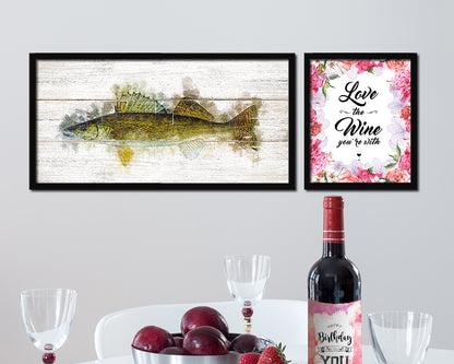 Walleye Fish Art Wood Framed White Wash Restaurant Sushi Wall Decor Gifts, 10" x 20"