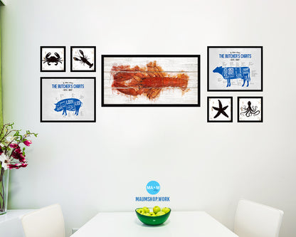 Lobster Fish Art Wood Framed White Wash Restaurant Sushi Wall Decor Gifts, 10" x 20"
