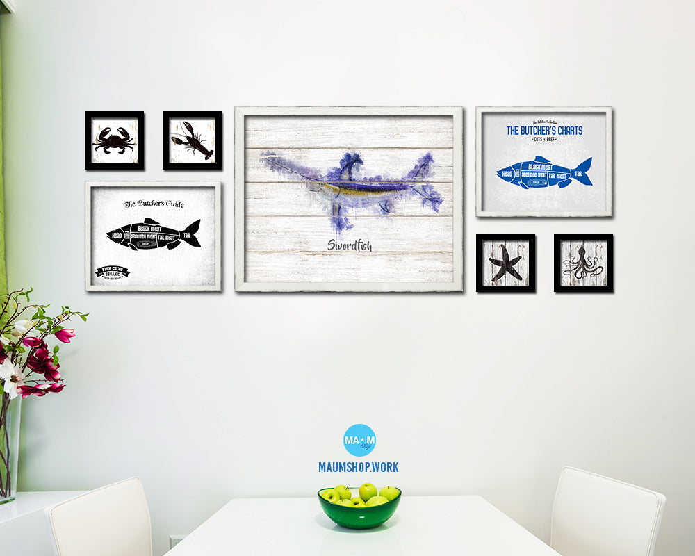 Swordfish Fish Framed Prints Modern Restaurant Sushi Bar Watercolor Wall Art Decor