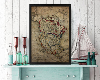North America Vintage Map Wood Framed Print Art Wall Decor Gifts