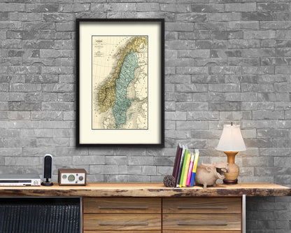 Sweden and Norway Old Map Wood Framed Print Art Wall Decor Gifts