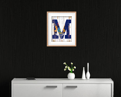 Michigan State Initial Flag Wood Framed Paper Print Decor Wall Art Gifts, Beach