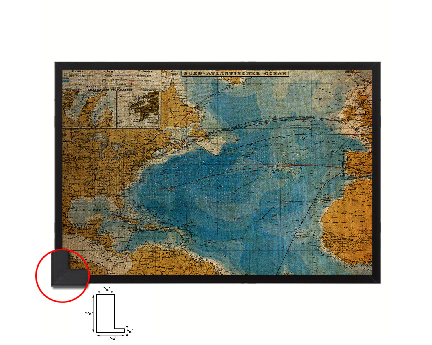North Atlantic Telegraph Lines Stieler Vintage Map Framed Print Art Wall Decor Gifts