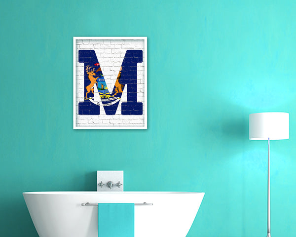 Michigan State Initial Flag Wood Framed Paper Print Decor Wall Art Gifts, Brick