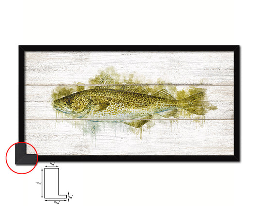 Cod Fish Art Wood Framed White Wash Restaurant Sushi Wall Decor Gifts, 10" x 20"