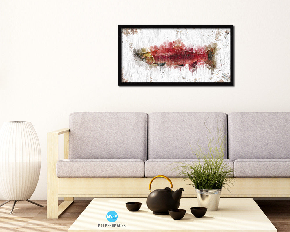 Hony Sockey Salmon Fish Art Wood Frame Shabby Chic Restaurant Sushi Wall Decor Gifts, 10" x 20"