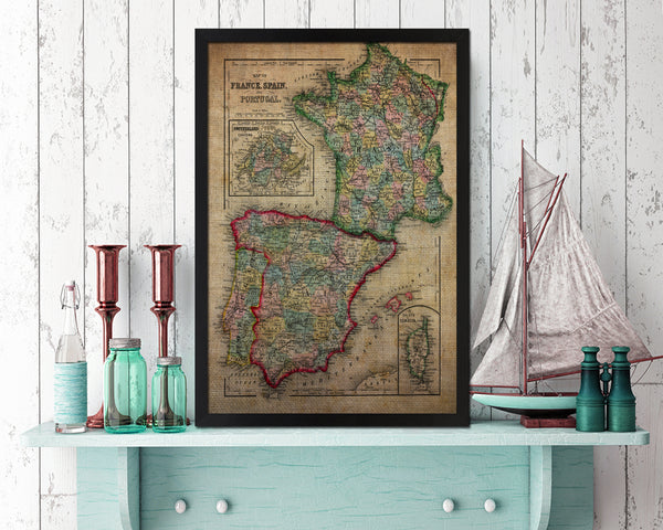 Spain Portugal and France Vintage Map Wood Framed Print Art Wall Decor Gifts