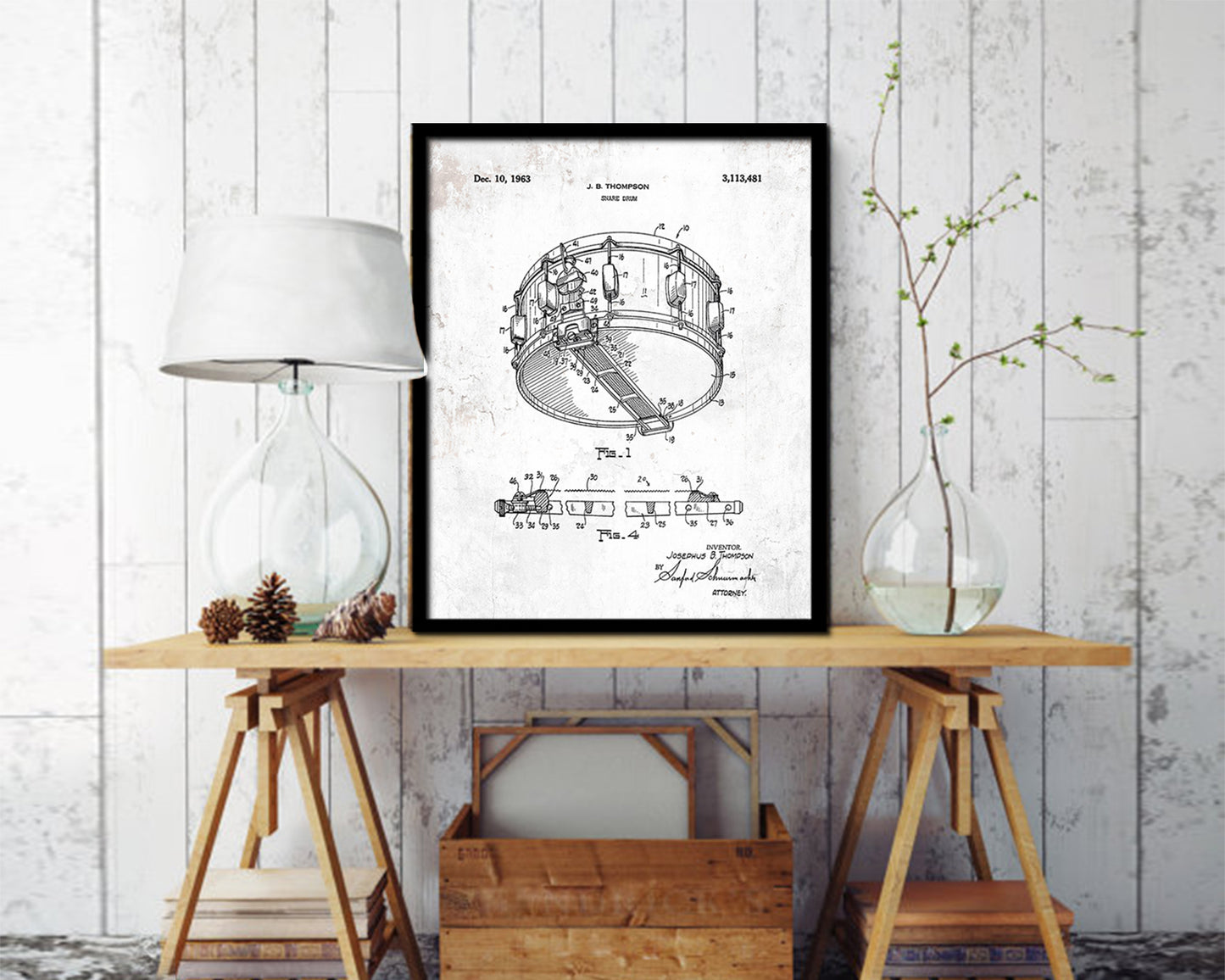 Snare Drum Music Vintage Patent Artwork Black Frame Print Wall Art Decor Gifts