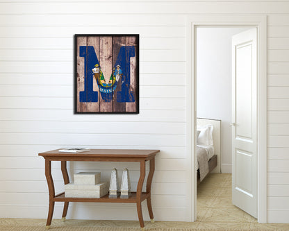 Maine State Initial Flag Wood Framed Paper Print Decor Wall Art Gifts, Wood