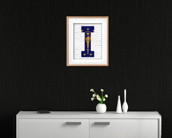 Indiana State Initial Flag Wood Framed Paper Print Decor Wall Art Gifts, Brick