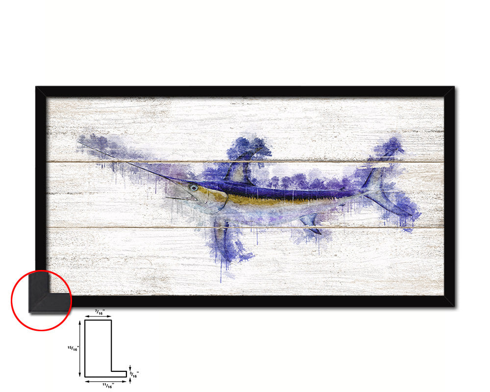Sword Fish Art Wood Framed White Wash Restaurant Sushi Wall Decor Gifts, 10" x 20"