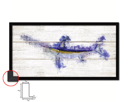 Sword Fish Art Wood Framed White Wash Restaurant Sushi Wall Decor Gifts, 10" x 20"