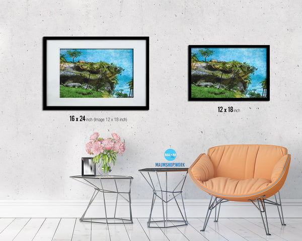 Cliff with palms on a tropical island Landscape Painting Print Art Frame Home Wall Decor Gifts
