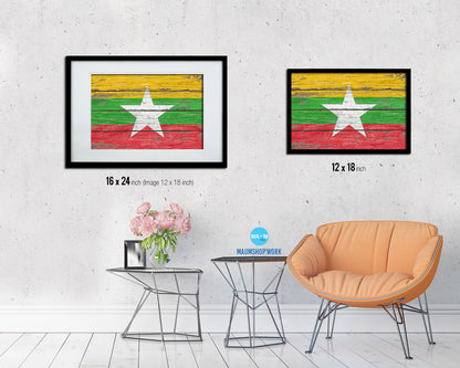 Myanmar Country Wood Rustic National Flag Wood Framed Print Wall Art Decor Gifts