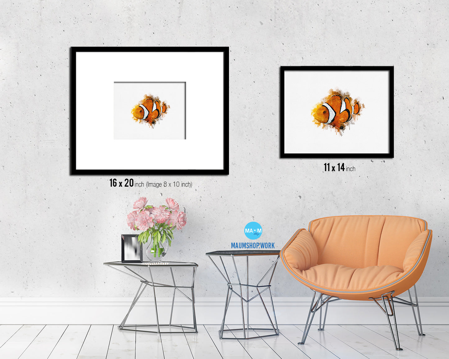Clownfish Framed Print Modern Restaurant Sushi Bar Modern Watercolor Wall Art Decor
