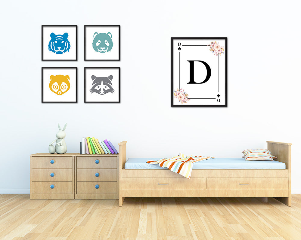 Letter D Personalized Boho Monogram Spade Card Decks Framed Print Wall Art Decor Gifts