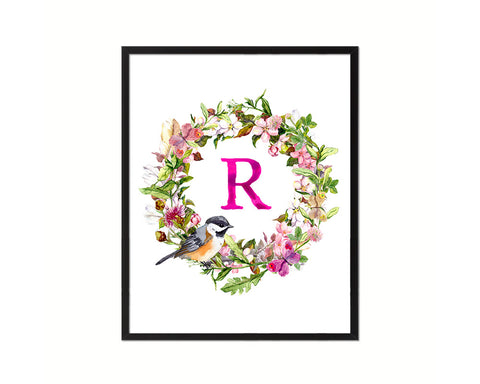 Letter R Floral Wreath Monogram Framed Print Wall Art Decor Gifts