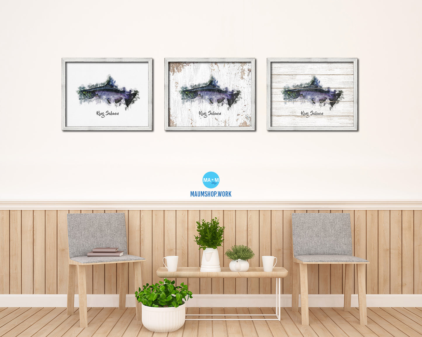 King Salmon Fish Framed Prints Modern Restaurant Sushi Bar Watercolor Wall Art Decor