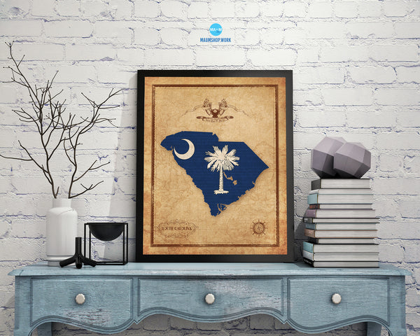 South Carolina State Vintage Map Wood Framed Paper Print  Wall Art Decor Gifts