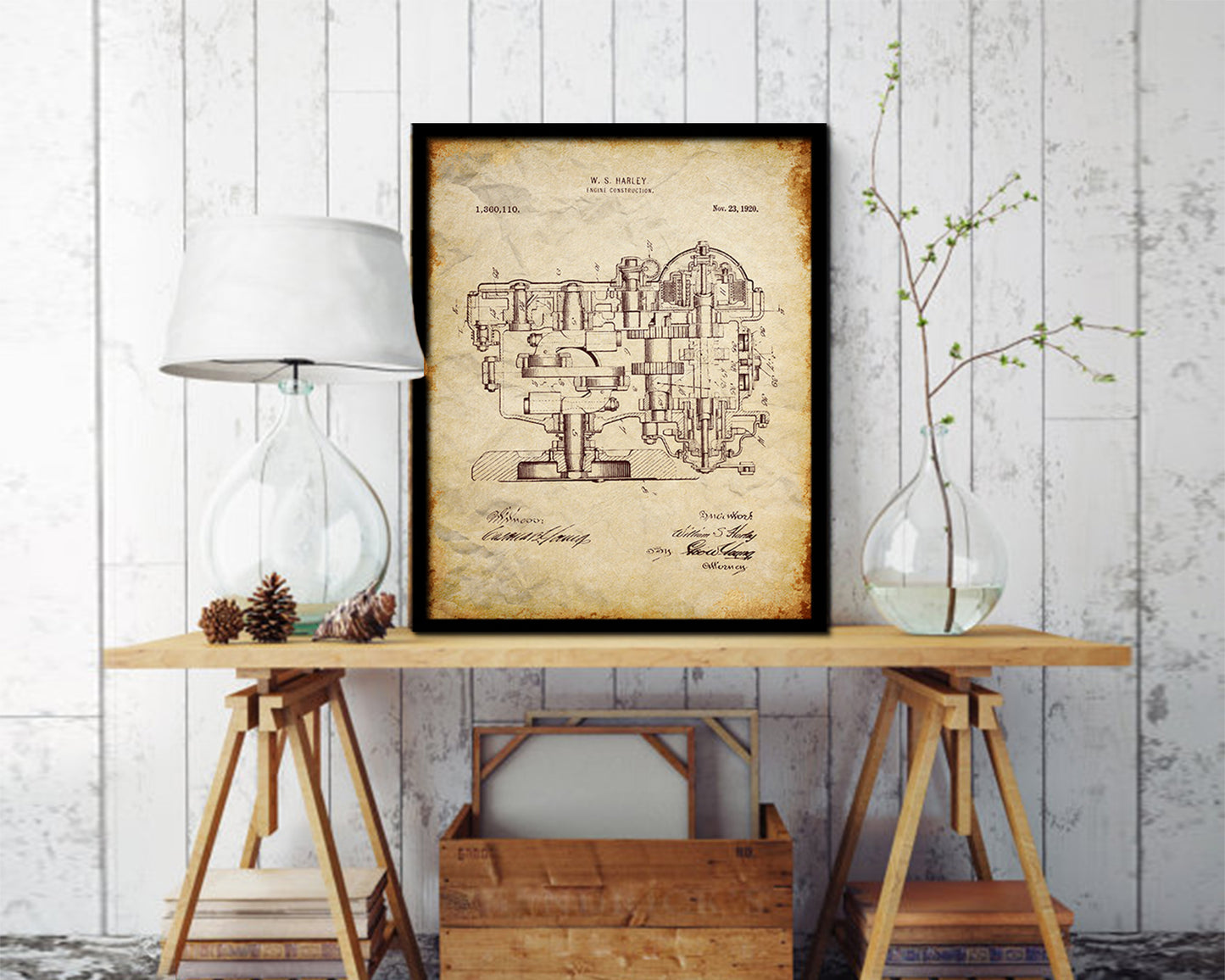 Engine Construction Motocycle Vintage Patent Artwork Walnut Frame Gifts
