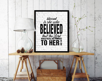 Blessed is she who believed that the Lord Quote Wood Framed Print Home Decor Wall Art Gifts