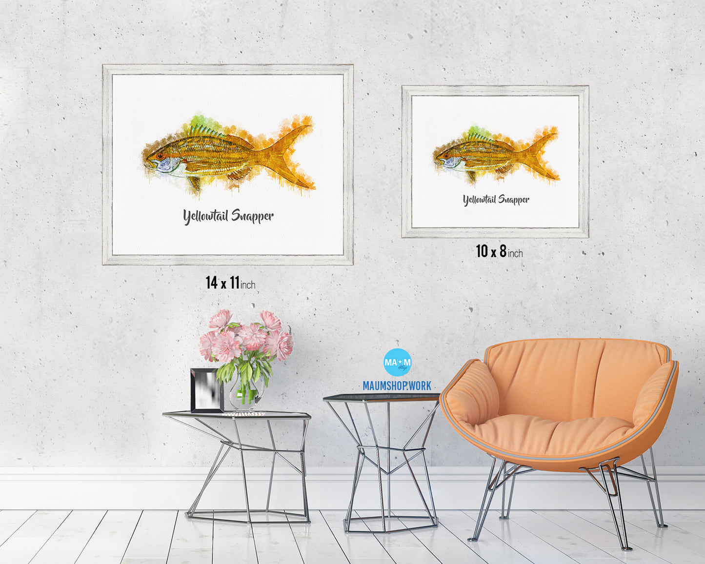 Yellowtail Snapper Fish Framed Prints Modern Restaurant Sushi Bar Watercolor Wall Art Decor