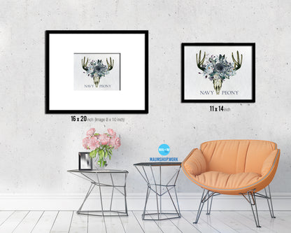 Boho Navy Peony Wood Framed Print Bohemian Girls Room Nursery Wall Art Decor Gifts