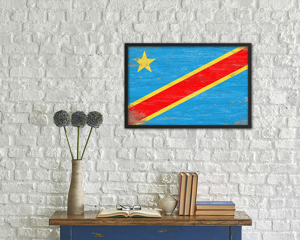 Congo Democratic Republic Shabby Chic Country Flag Wood Framed Print Wall Art Decor Gifts