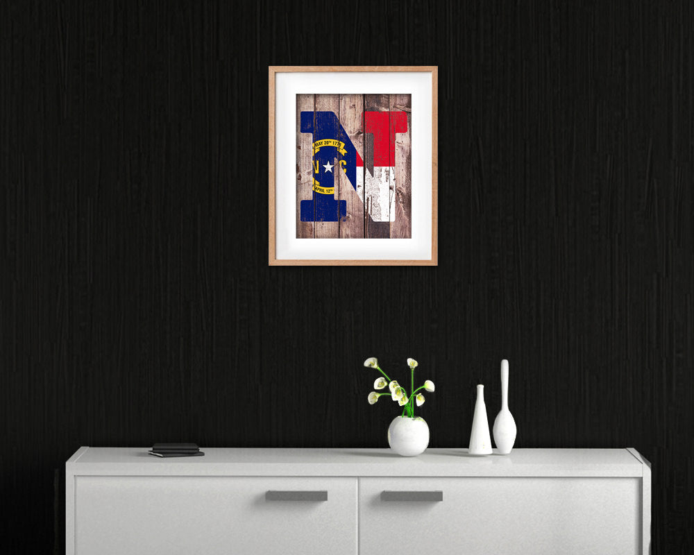 North Carolina State Initial Flag Wood Framed Paper Print Decor Wall Art Gifts, Wood