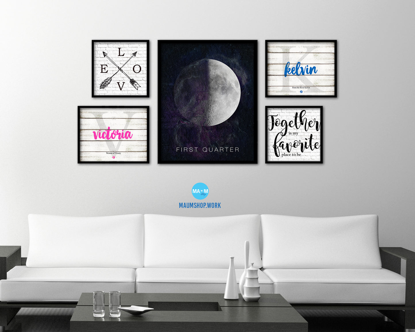 Waxing First Quarter Lunar Phases Moon Watercolor Nursery Framed Prints Home Decor Wall Art Gifts