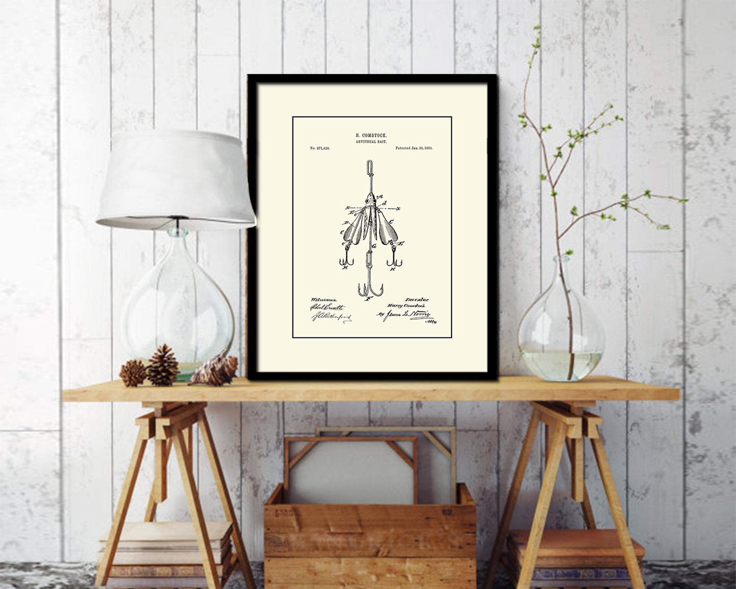 Artificial Bait Fishing Vintage Patent Artwork Black Frame Print Wall Art Decor Gifts