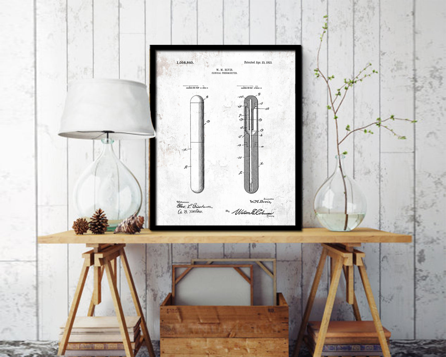 Tools Bevis Clinical Thermometer Doctor Vintage Patent Artwork Black Frame Print Gifts