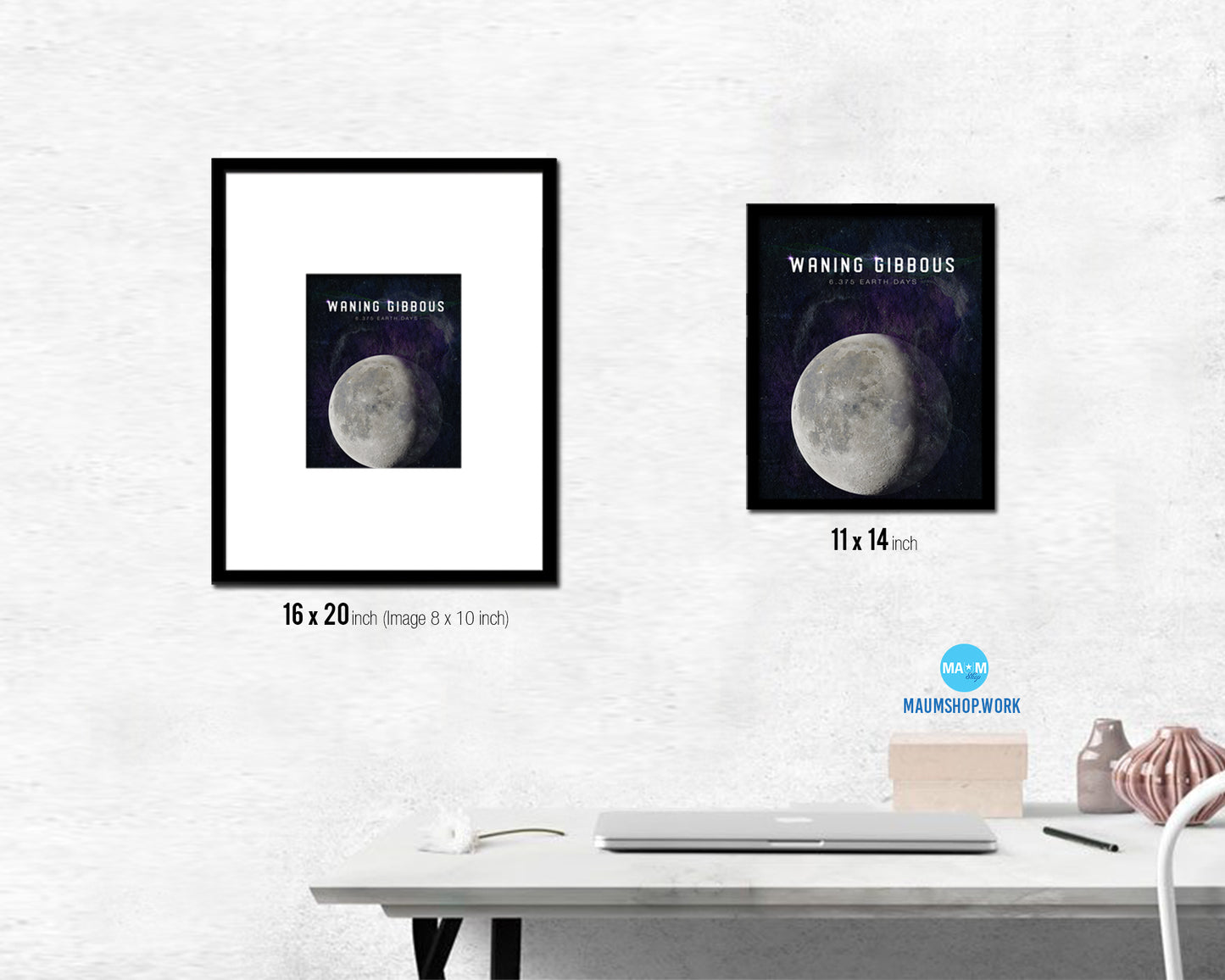 Waning Gibbous Lunar Phases Length of Year Moon Watercolor Nursery Framed Prints Wall Art Gift
