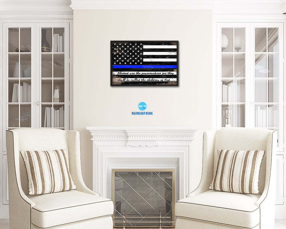 Thin Blue Line Honoring Law Enforcement American, Mathew 5-9 Shabby Chic Military Flag Framed Print Art