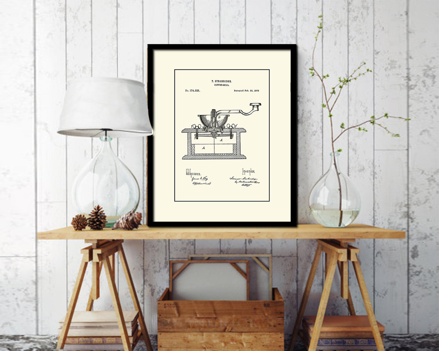 Mill Coffee Vintage Patent Artwork Black Frame Print Wall Art Decor Gifts