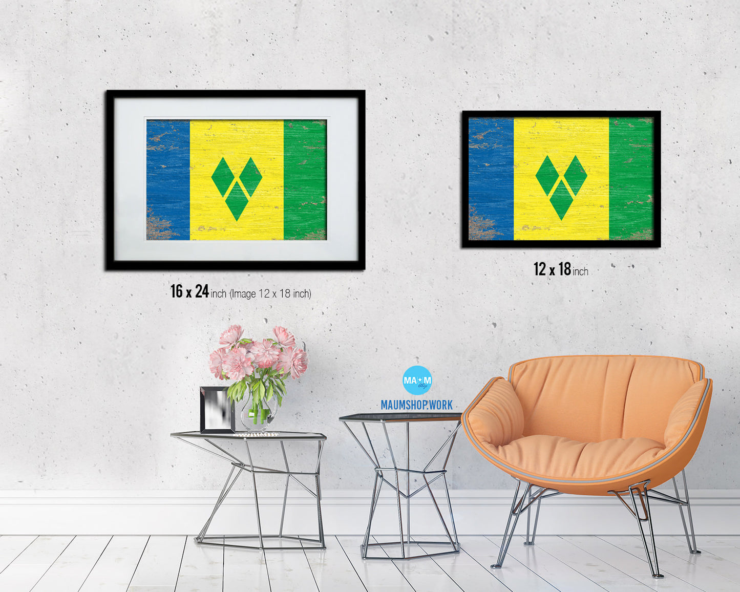 Saint Vincent & the Grenadines Shabby Chic Country Flag Wood Framed Print Wall Art Decor Gifts