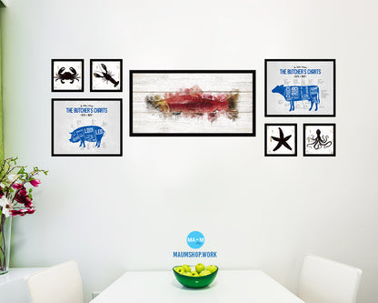 Hony Sockey Salmon Fish Art Wood Framed White Wash Restaurant Sushi Wall Decor Gifts, 10" x 20"