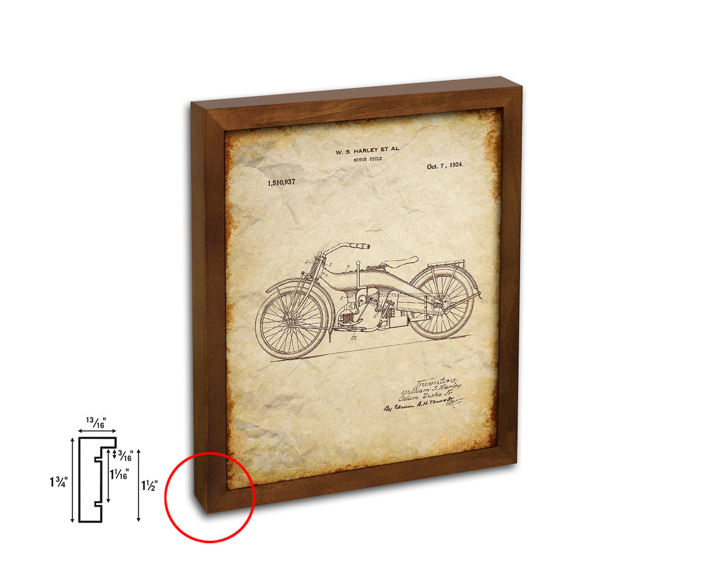 Vehicle Motocycle Vintage Patent Artwork Walnut Frame Gifts