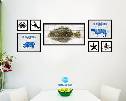 Flounder Fish Art Wood Framed White Wash Restaurant Sushi Wall Decor Gifts, 10" x 20"