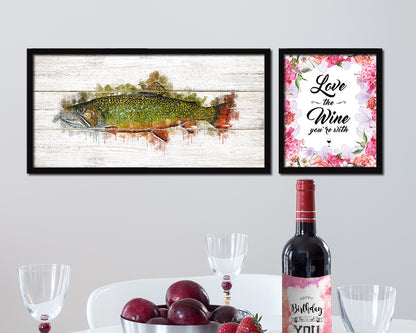 Brook Trout Fish Art Wood Framed White Wash Restaurant Sushi Wall Decor Gifts, 10" x 20"